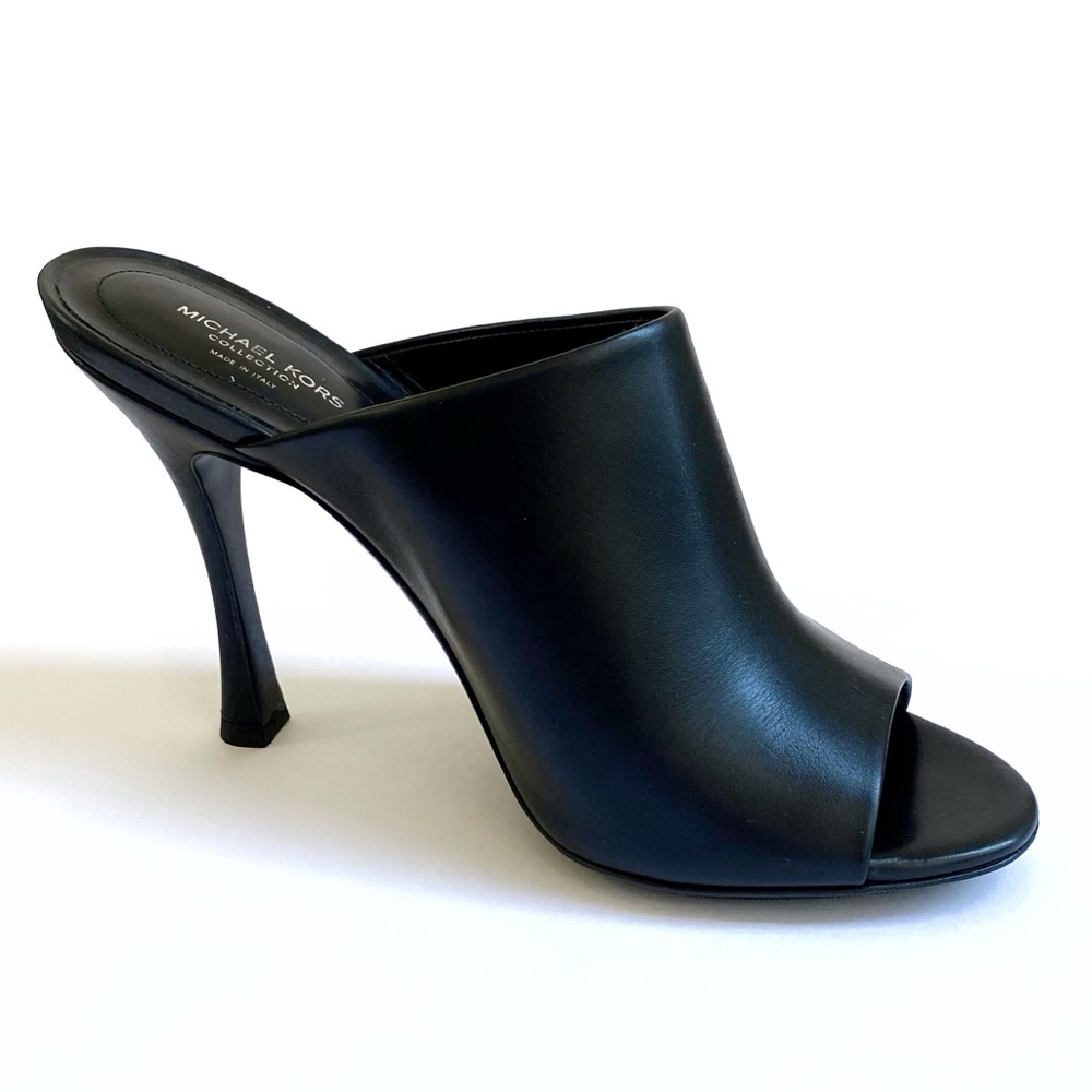 MICHAEL KORS COLLECTION BLACK LEATHER TINA RUNWAY SLIDE HEEL MULES - Picture 1 of 11